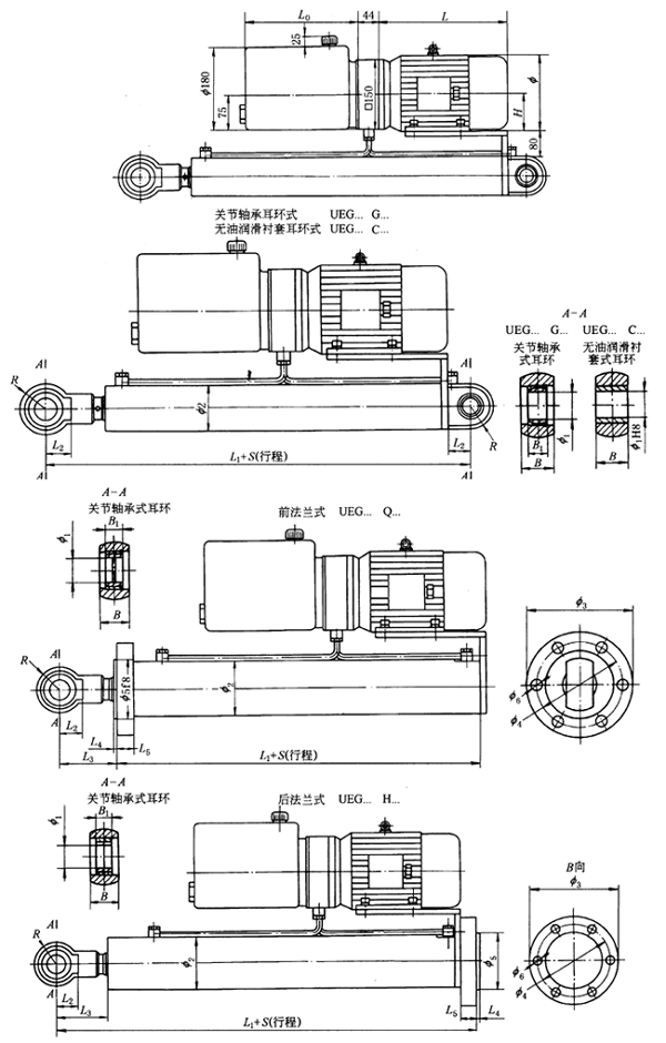 UEG系列并列式电动液压缸安装尺寸