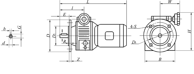 UD…B5系列(有法兰端盖无低脚)行星锥盘无级变速机外形及安装尺寸(图1) UD系列行星锥盘无级变速器