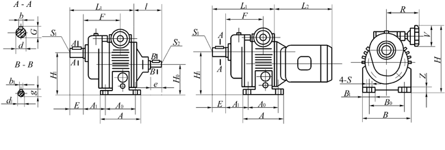 UD…B3(和B3S)-C-…型基本型与齿轮组合地脚式外形及安装尺寸(图1) UD…B3(和B3S)-C-…型基本型与齿轮组合地脚式外形及安装尺寸(图1)