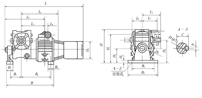URX系列与蜗轮箱组合型的外形及安装尺寸(图1) URX系列与蜗轮箱组合型的外形及安装尺寸(图1)