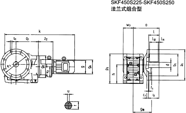 SKF450S225-SKF450S250法兰式组合型斜齿轮―蜗旋伞齿轮减速电机外形及安装尺寸(图1) SKF450S225-SKF450S250法兰式组合型斜齿轮―蜗旋伞齿轮减速电机外形及安装尺寸(图1)