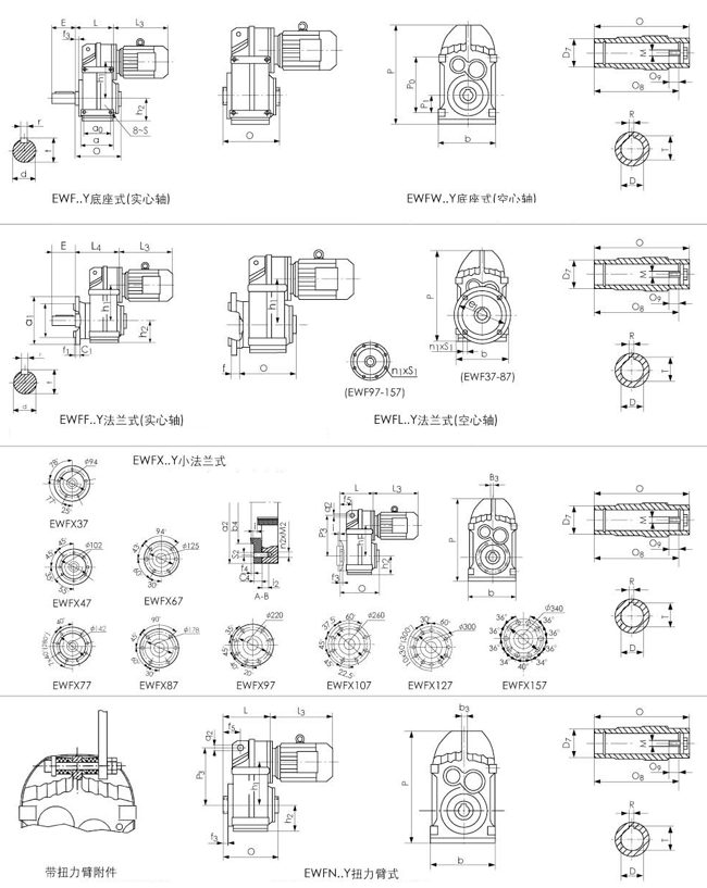 EWF37、EWF47、EWF67、EWF77、EWF87、EWF97、EWF107、EWF127、EWF157、平行轴斜齿轮减速机安装型式、输出方式尺寸图表(图1) EWF37、EWF47、EWF67、EWF77、EWF87、EWF97、EWF107、EWF127、EWF157、平行轴斜齿轮减速机安装型式、输出方式尺寸图表(图1)