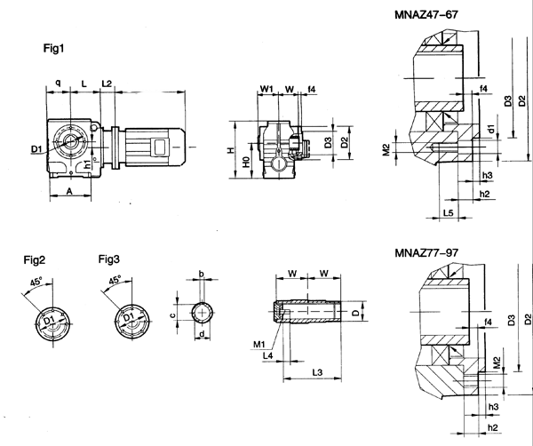 MNAZ47、MNAZ57、MNAZ67、MNAZ77、MNAZ87、MNAZ97、系列圆柱蜗杆减速机的安装尺寸(图1)