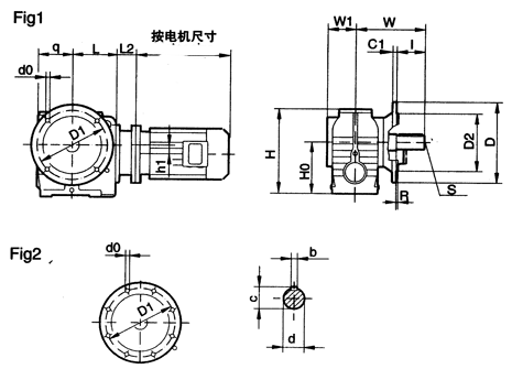 MNF37、MNF47、MNF57、MNF67、MNF77、MNF87、MNF97、系列圆柱蜗杆减速机的安装尺寸(图1)