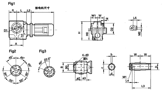 MNA37、MNA47、MNA57、MNA67、MNA77、MNA87、MNA97、系列圆柱蜗杆减速机的安装尺寸(图1)