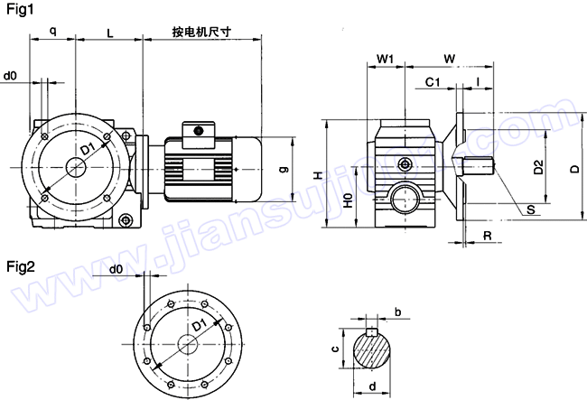 WS系列圆柱蜗杆减速电机安装尺寸（WSF37-WSF97）(图1)