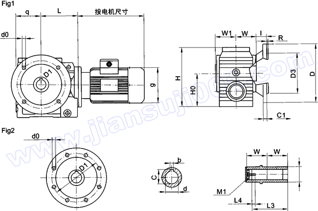 WS系列圆柱蜗杆减速电机安装尺寸（WSAF37-WSAF97）(图1)